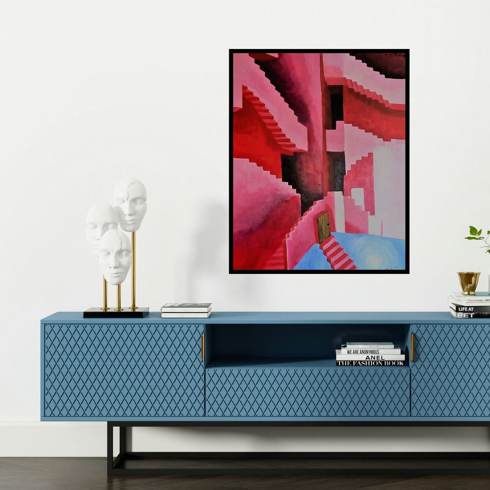 'Secret Door' painting by Kartikey Sharma shown on a wall in a furnished room.