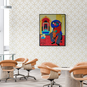 Pradipta Chakraborty's painting 'The Seduction Drama (Shared Embrace)' displayed in a modern living room setting