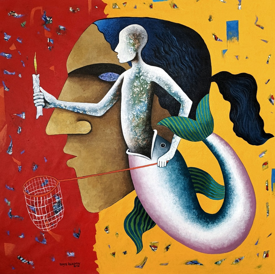 The Seekers Lantern' contemporary acrylic painting by artist Ranjith Raghupathy, 42x42 inch, on canvas