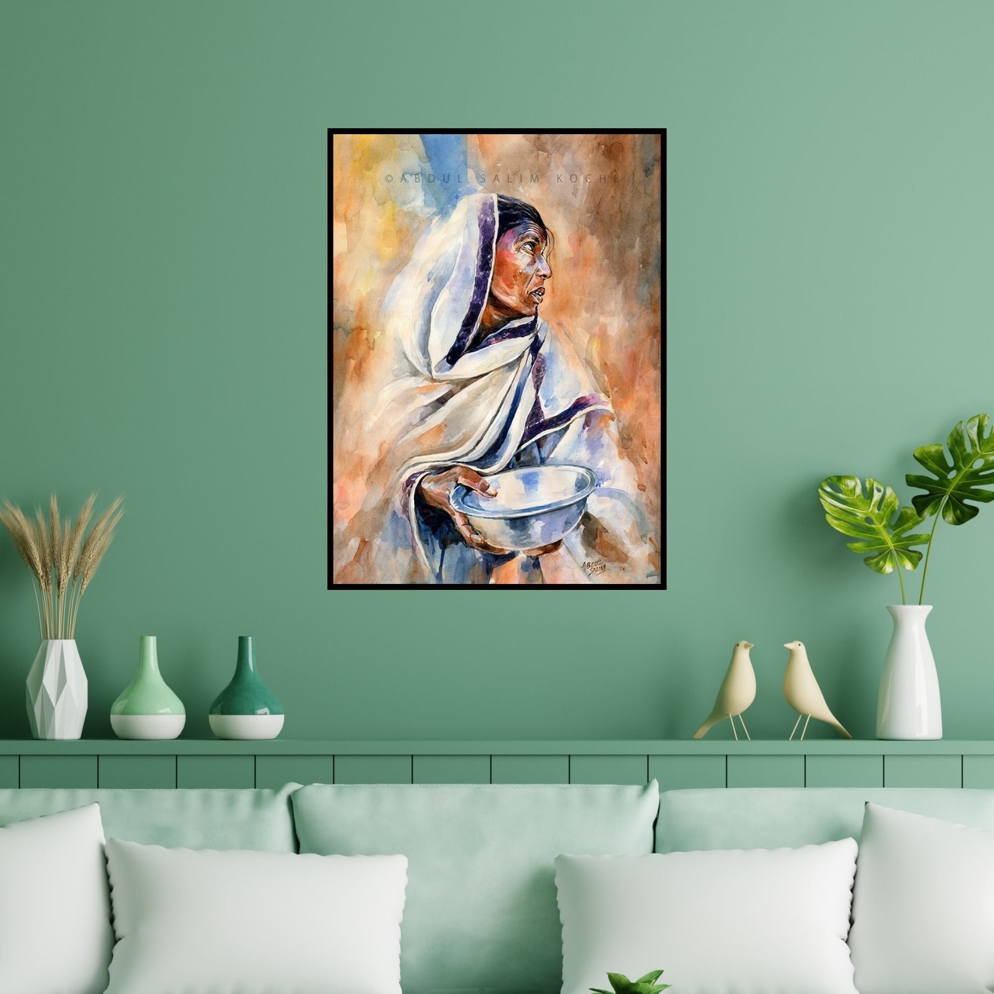 Preview of 'Seeking Mercy' Painting by Abdul Salim shown on a wall in a furnished room.