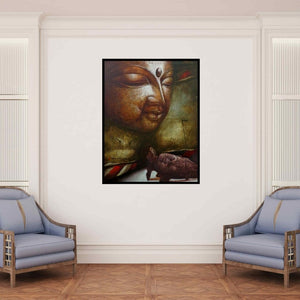 In-situ view of Palash Halder's 'Seen Unseen 1' painting in a room