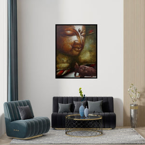 Preview of 'Seen Unseen 1' Painting by Palash Halder shown on a wall in a furnished room.