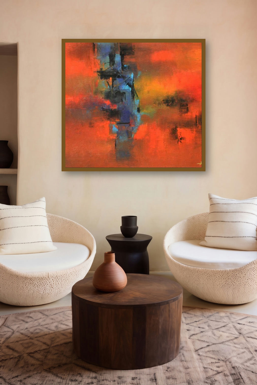 Seizing Blue (Crimson Echoes) by artist Raju Durshettiwar displayed in a Contemporary gallery