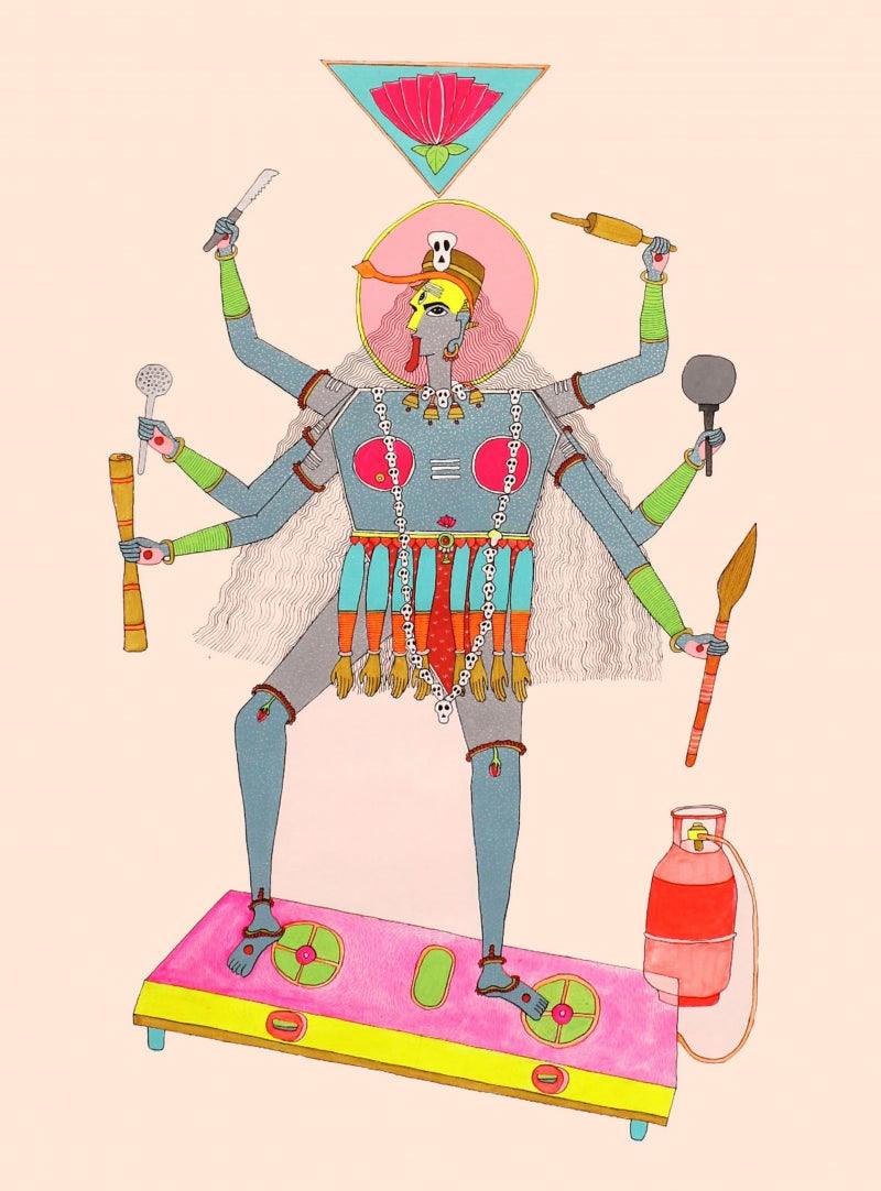 Figurative mixed media painting titled 'Self Protection', 32x24 inches, by artist Priti Singh on Canvas