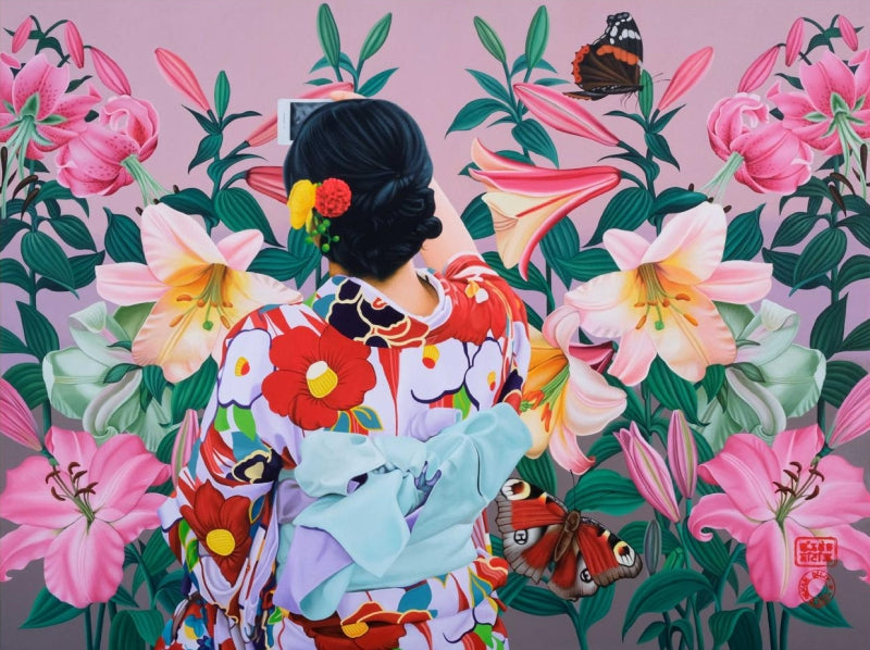 'Selfie In Spring' figurative acrylic painting by artist Oinam Dilip, 36x48 inch, on canvas