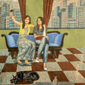 Figurative printmaking titled 'Selfie Time', 30x18 inches, by artist Subhamita Sarkar on Paper