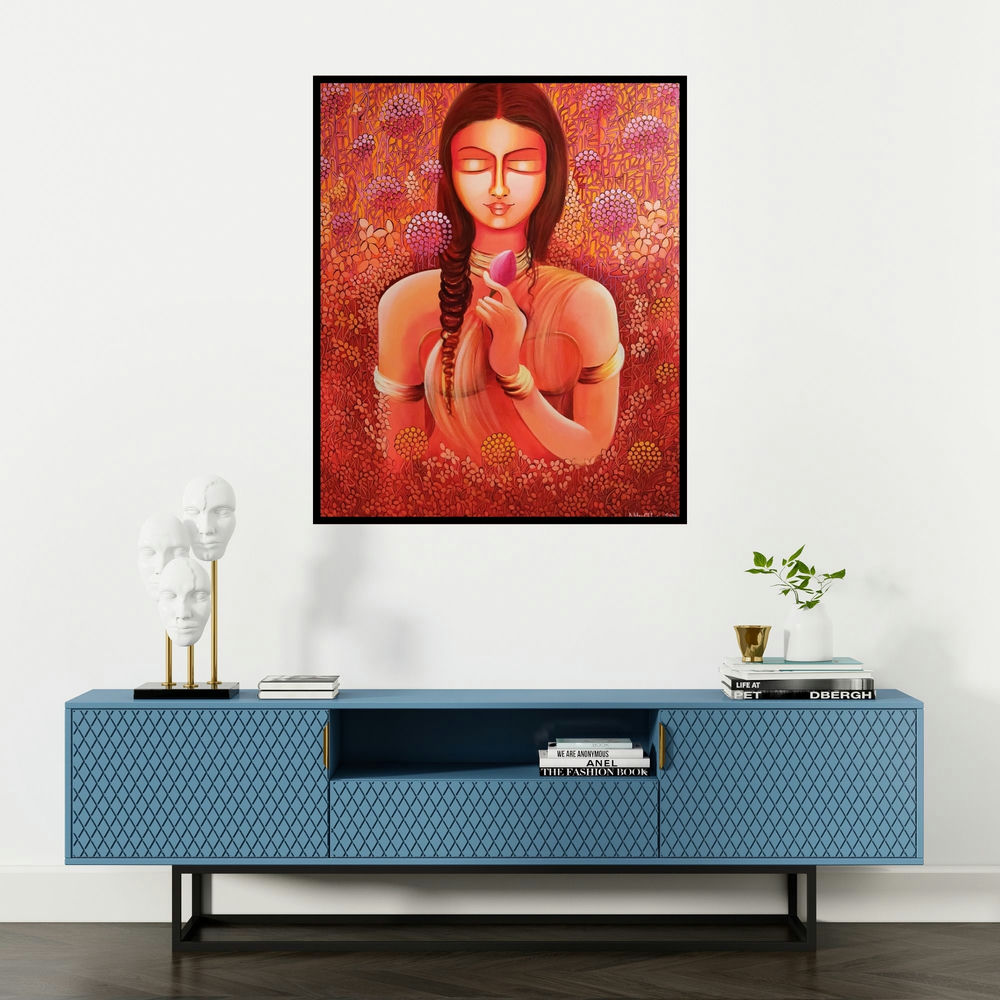 Nitu Chhajer's 'Selflove Loving My Own Identity (Graceful Serenity)' painting visualized above a sofa in a contemporary room.