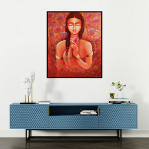 Nitu Chhajer's 'Selflove Loving My Own Identity (Graceful Serenity)' painting visualized above a sofa in a contemporary room.