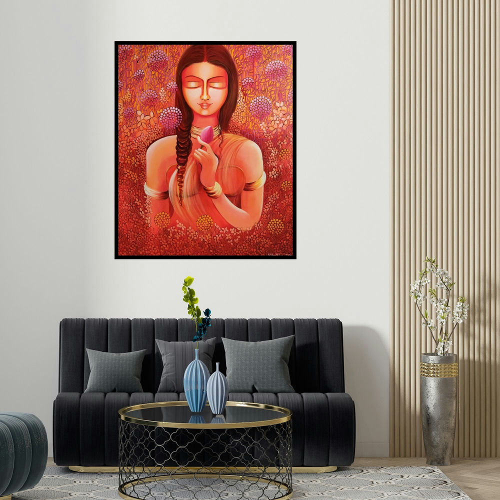 'Selflove Loving My Own Identity (Graceful Serenity)' painting by Nitu Chhajer shown on a wall in a furnished room.