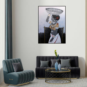 Gajraj Chavan's 'Seller (Grace and Tradition)' painting visualized above a sofa in a contemporary room.