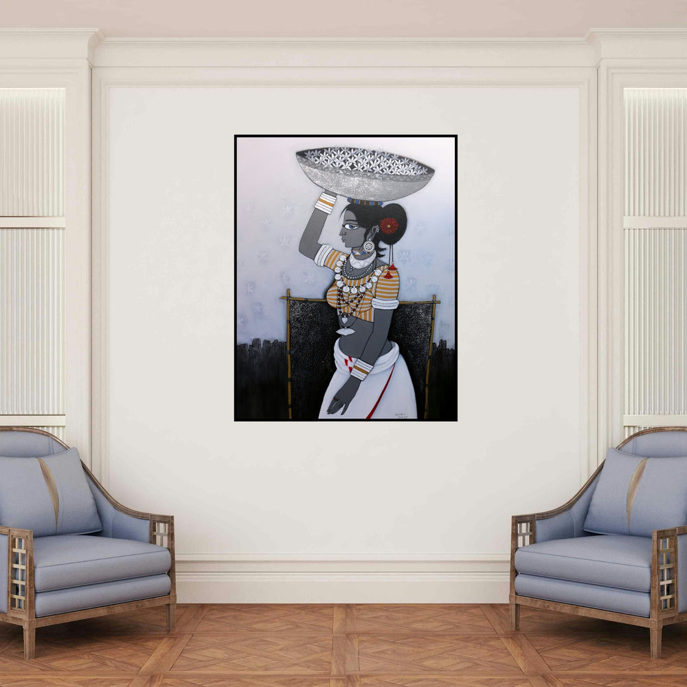 'Seller (Grace and Tradition)' painting by Gajraj Chavan shown on a wall in a furnished room.