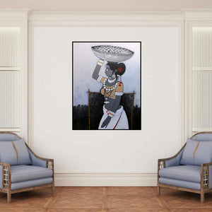 'Seller (Grace and Tradition)' painting by Gajraj Chavan shown on a wall in a furnished room.