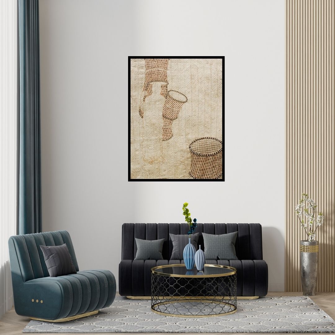 Preview of 'Seller Woman (The Woven Self)' Painting by Intaz Ansari shown on a wall in a furnished room.