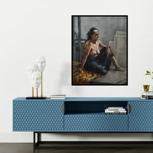 'Semi Nude' painting by Swapnil Pate shown on a wall in a furnished room.