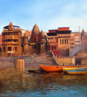 Sensuibilities (Sunrise on the Ganges) by Atif Pachapuri, Original Acrylic Religious Painting on Canvas, Small Vertical Wall Art