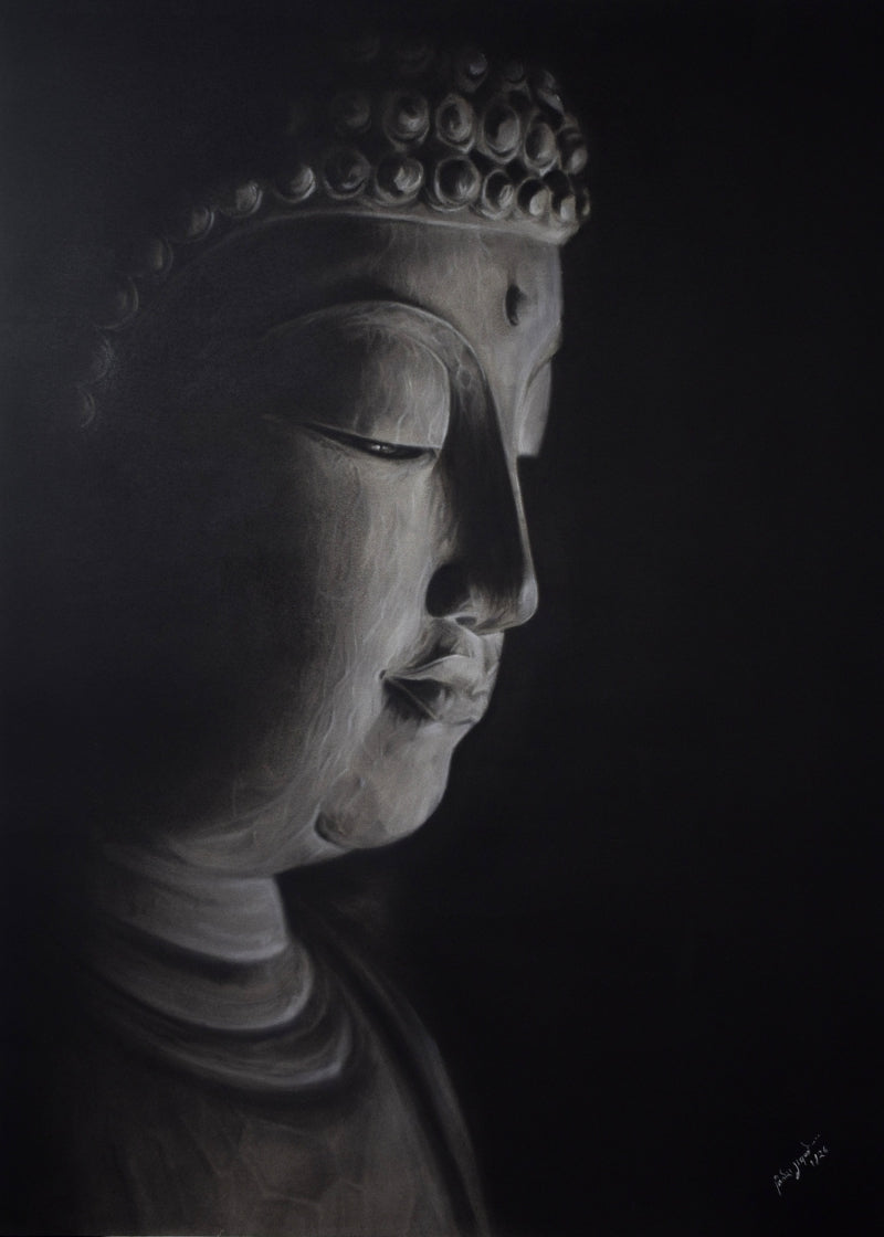 The Serene' religious charcoal painting by artist Nilesh Gavale, 30x22 inch, on paper
