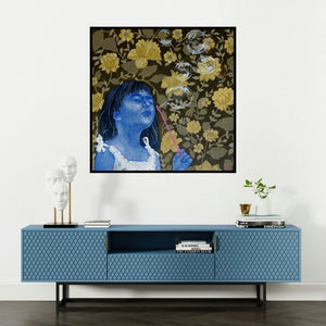 'Serene Joys' painting by Deepali S shown on a wall in a furnished room.