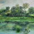 Serene Lakeside Trees' seascape oil painting by artist Umesh Pandey, 14x18 inch, on canvas