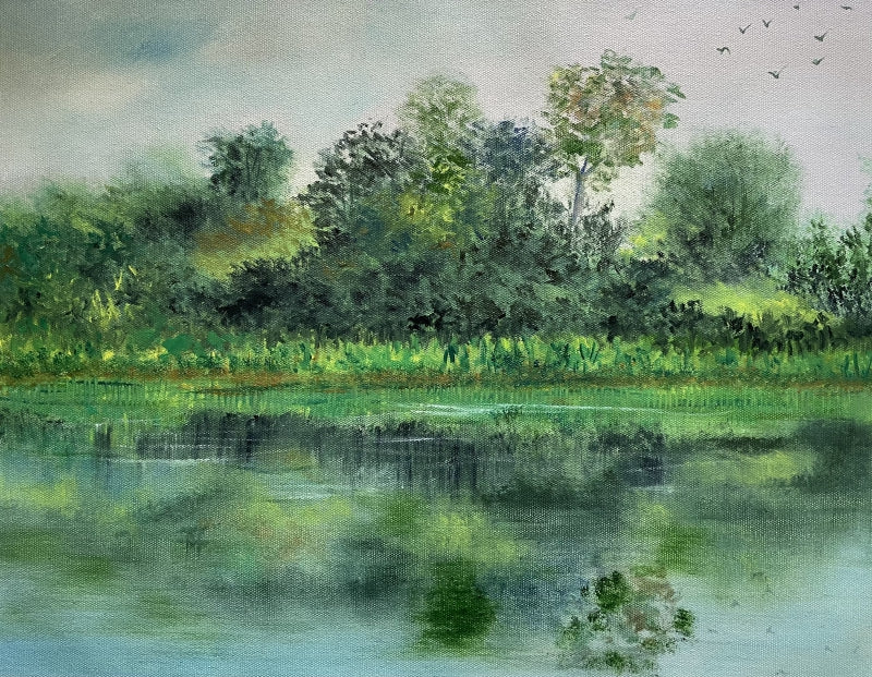 Serene Lakeside Trees' seascape oil painting by artist Umesh Pandey, 14x18 inch, on canvas