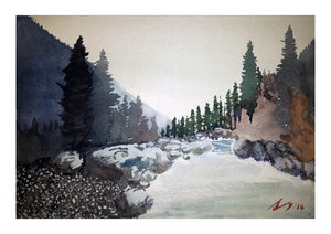 Cityscape watercolor painting titled 'Serene Woods', 7x11 inches, by artist Arunava Ray on Paper