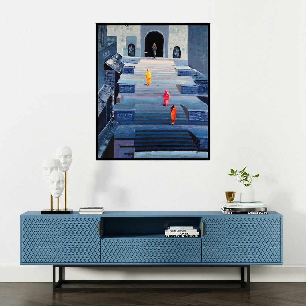 Anuja Sane's 'Serenity 1 (Pathway to Devotion)' painting visualized above a sofa in a contemporary room.