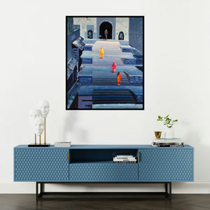 Anuja Sane's 'Serenity 1 (Pathway to Devotion)' painting visualized above a sofa in a contemporary room.