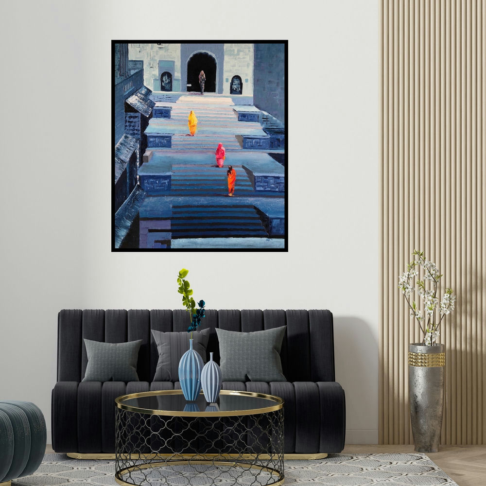 'Serenity 1 (Pathway to Devotion)' painting by Anuja Sane shown on a wall in a furnished room.