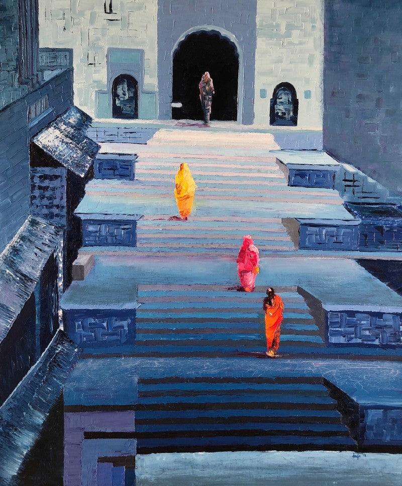 Cityscape oil painting titled 'Serenity 1', 36x30 inches, by artist Anuja Sane on Canvas