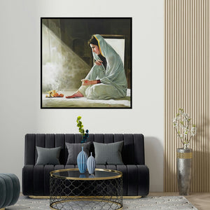 Kamal Rao's 'Serenity' painting visualized above a sofa in a contemporary room.