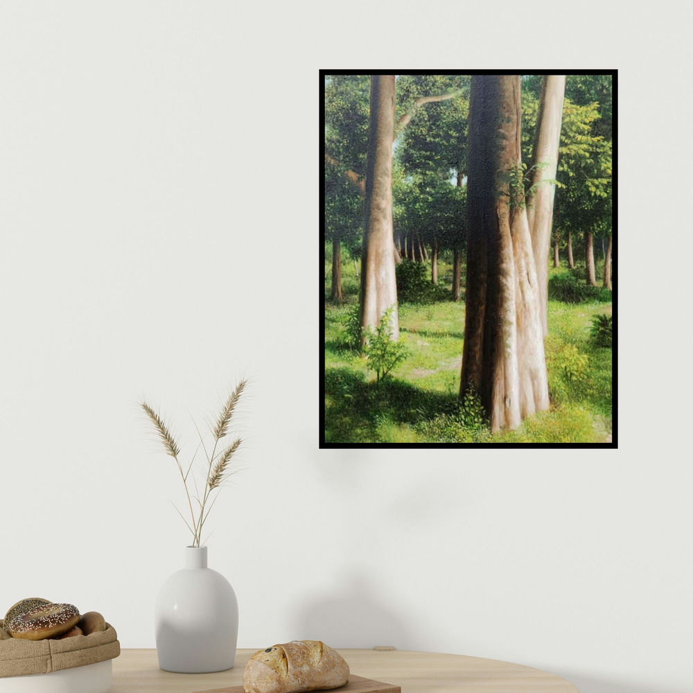 Arabinda Mukherjee's 'Serenity (Forest Path)' painting visualized above a sofa in a contemporary room.