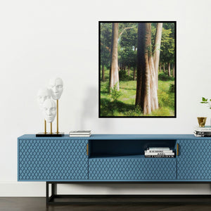 'Serenity (Forest Path)' painting by Arabinda Mukherjee shown on a wall in a furnished room.