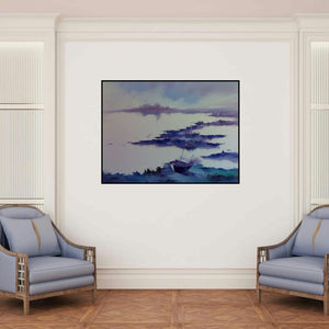 'Serenity Of Nature I (Whispers of the Tide: A Boat Adrift)' painting by Narayan Shelke shown on a wall in a furnished room.