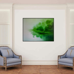 'Serenity Of Nature Ii (Emerald Veil: A Landscape in Haze)' painting by Narayan Shelke shown on a wall in a furnished room.