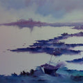 Seascape oil painting titled 'Serenity of Nature I', 36x48 inches, by artist Narayan Shelke on Canvas