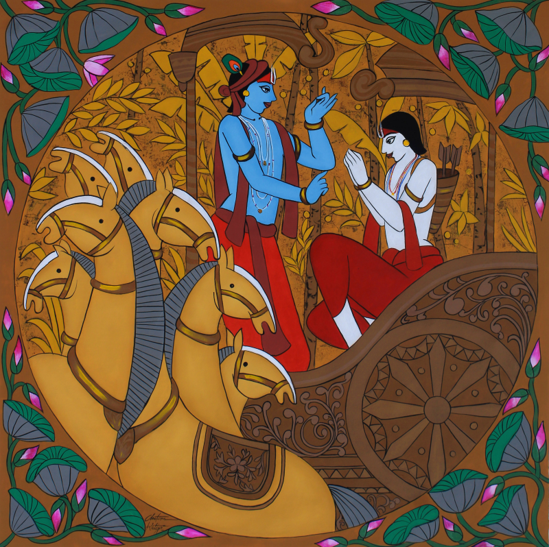 'Seven Horse' religious acrylic painting by artist Chetan Katigar, 52x52 inch, on canvas