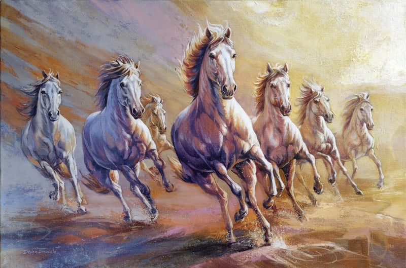 Seven Horses' animals acrylic painting by artist Deven Ramesh Bhosale, 24x36 inch, on canvas