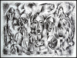 Several Face With Girl (Guardians of the Forest) by Srv Artist, Original Mixed Media Figurative Painting on Board, Small Horizontal Wall Art