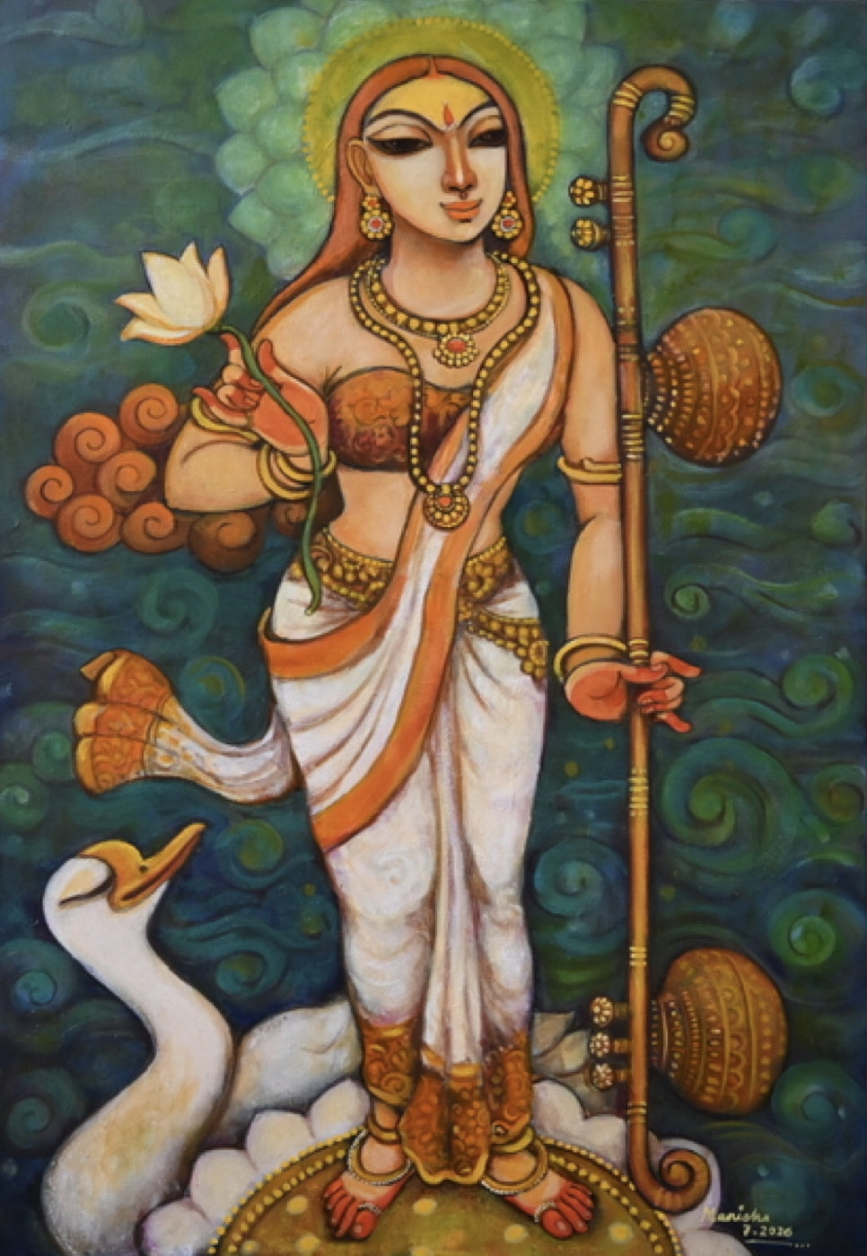 Shaarada' religious acrylic painting by artist Manisha Srivastava, 40x28 inch, on canvas