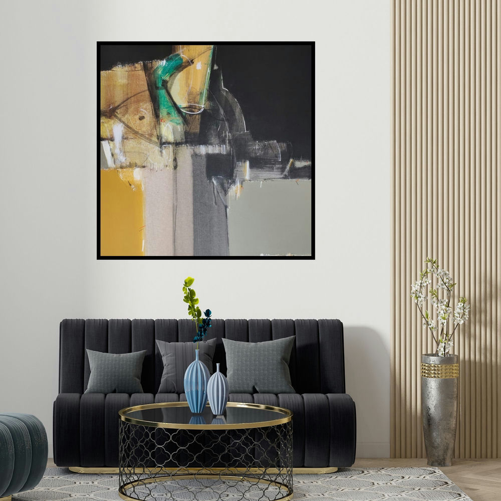 Anil Gaikwad's 'Shadow Becomes Reality 48 (Urban Tapestry**)' painting visualized above a sofa in a contemporary room.