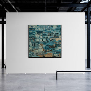 Preview of 'Shadow City 9 (A Cityscape Mosaic)' Painting by Ganesh Pokharkar shown on a wall in a furnished room.
