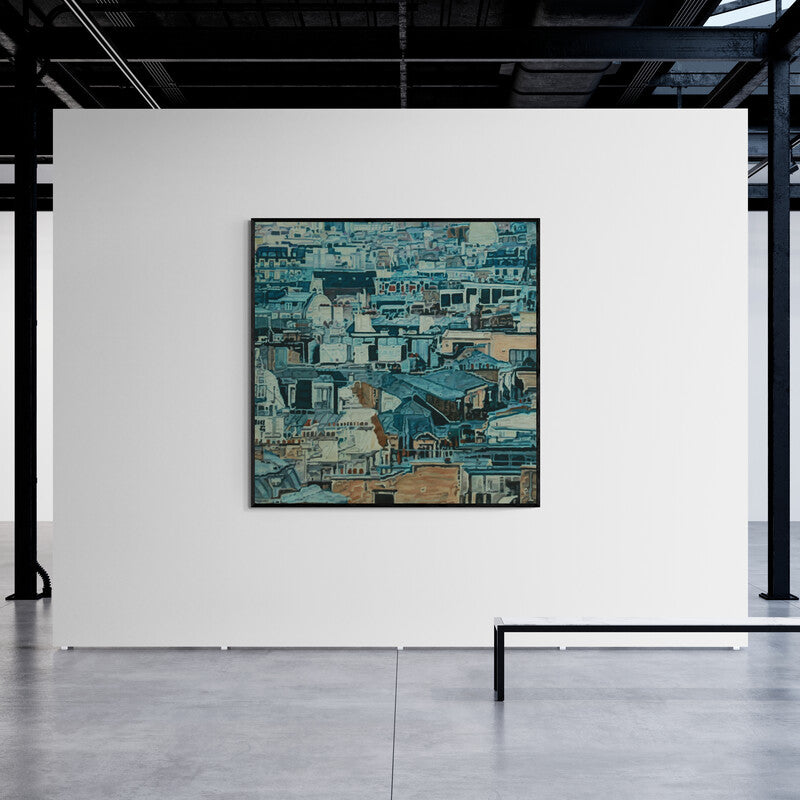 Preview of 'Shadow City 9 (A Cityscape Mosaic)' Painting by Ganesh Pokharkar shown on a wall in a furnished room.