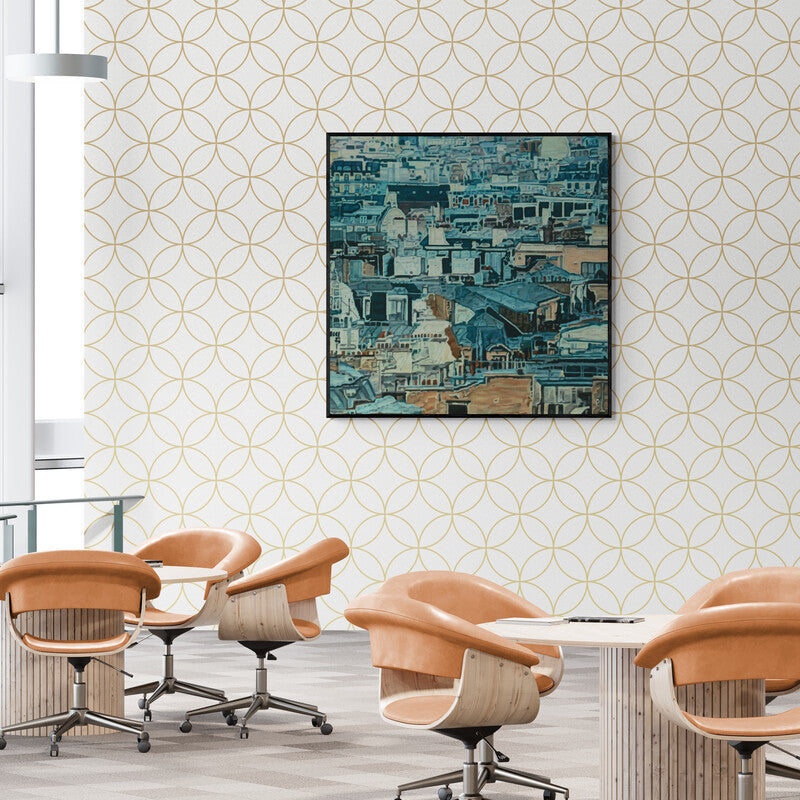 In-situ view of Ganesh Pokharkar's 'Shadow City 9 (A Cityscape Mosaic)' painting in a room
