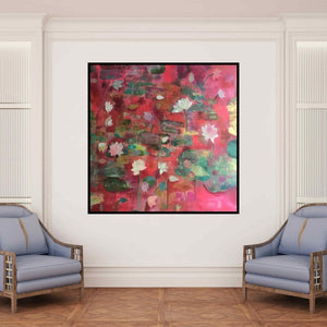 In-situ view of Sunayana Malhotra's 'Shafaq (Serene Bloom)' painting in a room