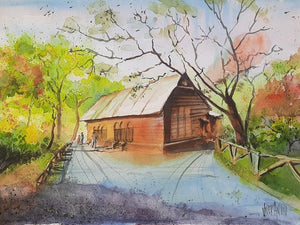 Shakeshpeare Garden Central Park Ny (Tranquility in the Woods) by Vivekanand Viswam, Original Watercolor Landscape Painting on Paper, Small Horizontal Wall Art