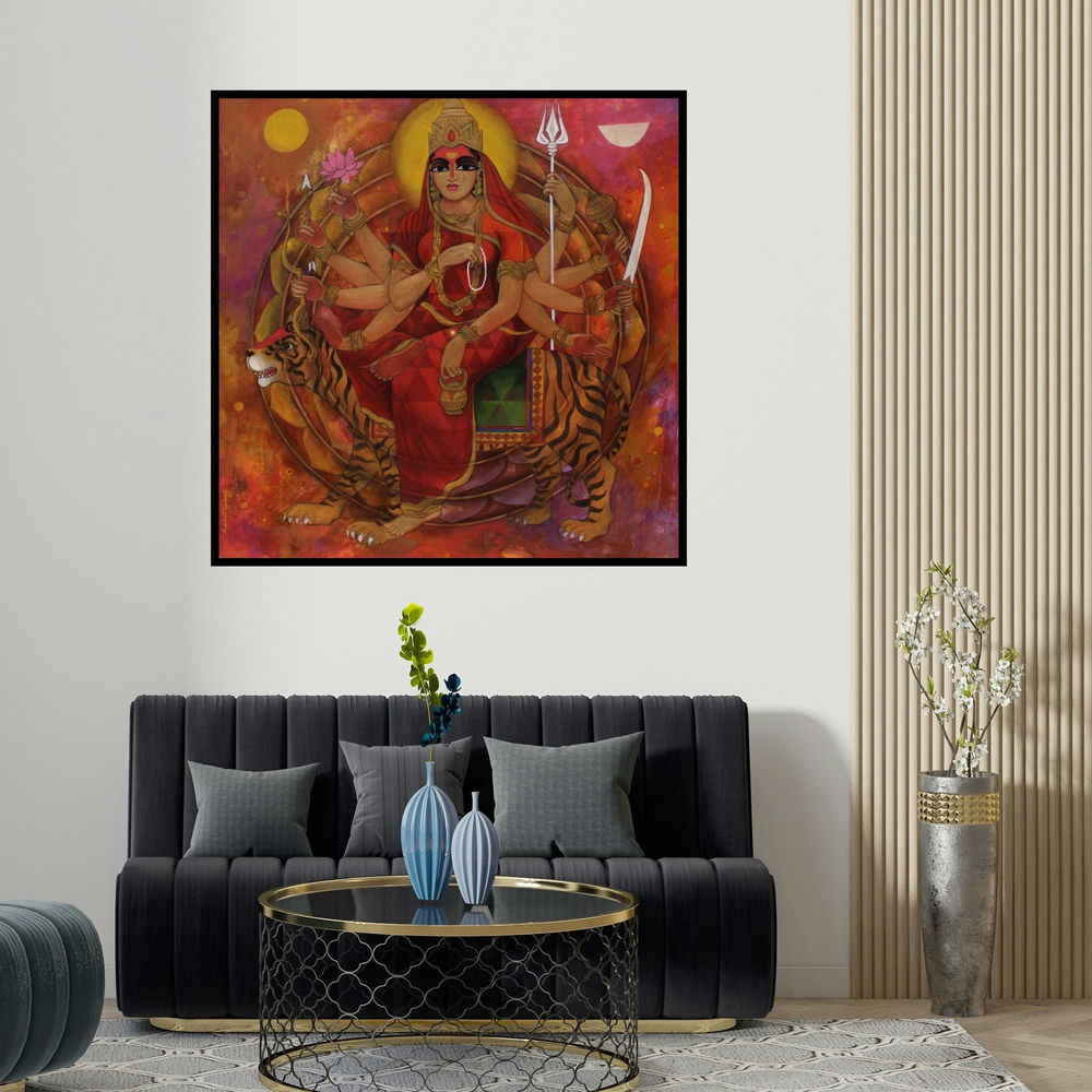 N P Rajeshwarr's 'Shakthi (Durga: Triumphant Goddess)' painting visualized above a sofa in a contemporary room.