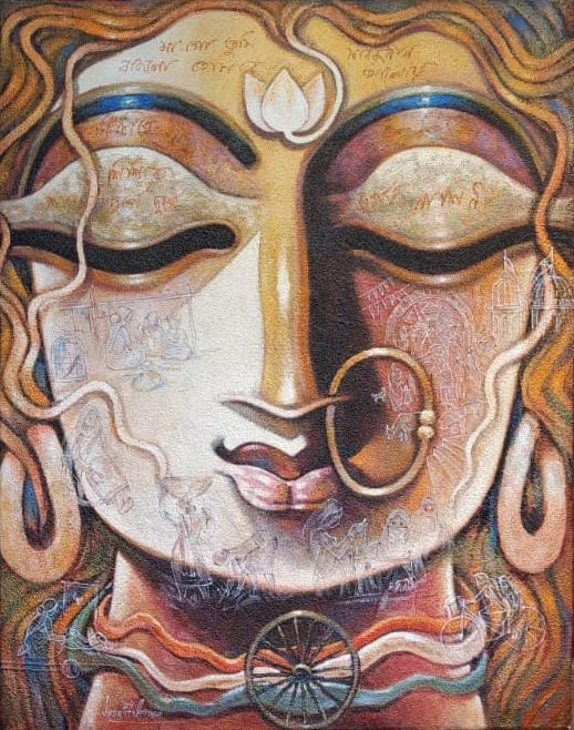 Shakti 1' religious mixed-media painting by artist Subrata Ghosh, 72x48 inch, on canvas