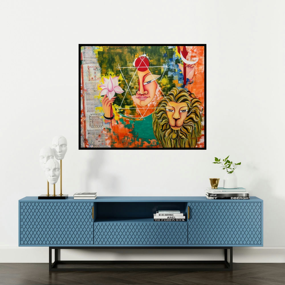 Deepali Mundra's 'Shakti (Shakti: The Divine Feminine)' painting visualized above a sofa in a contemporary room.