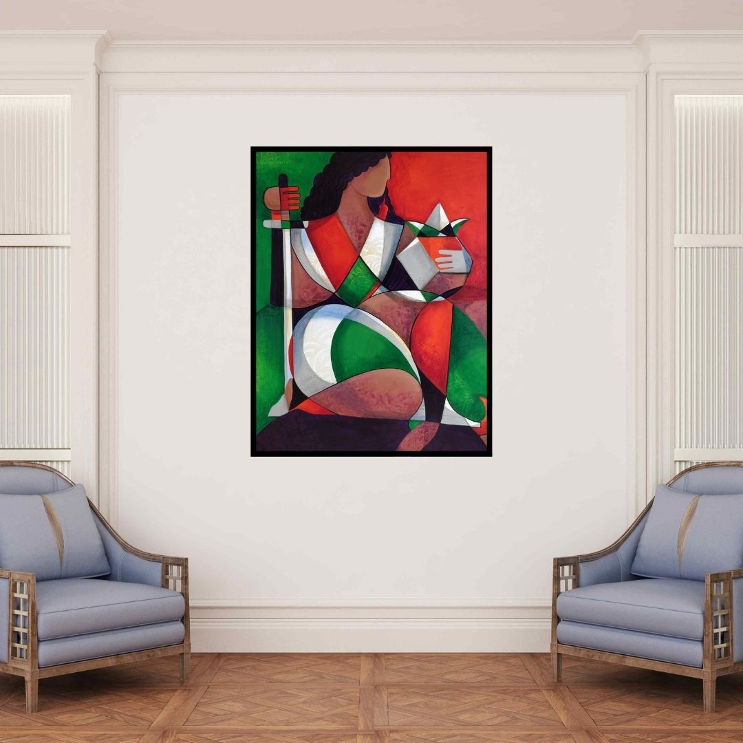 In-situ view of Satyendra Rane's 'Shakti (Woman with Sword and Lotus)' painting in a room