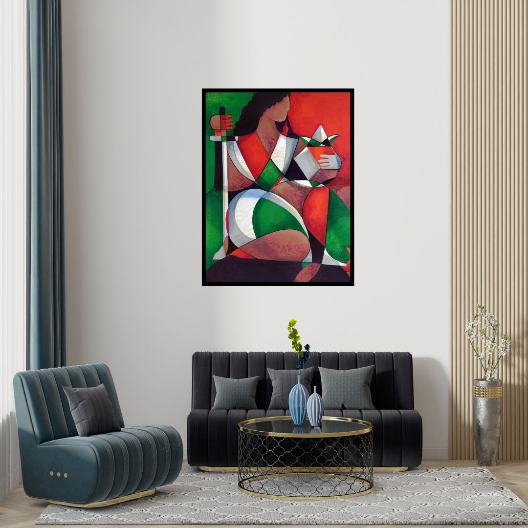 Preview of 'Shakti (Woman with Sword and Lotus)' Painting by Satyendra Rane shown on a wall in a furnished room.
