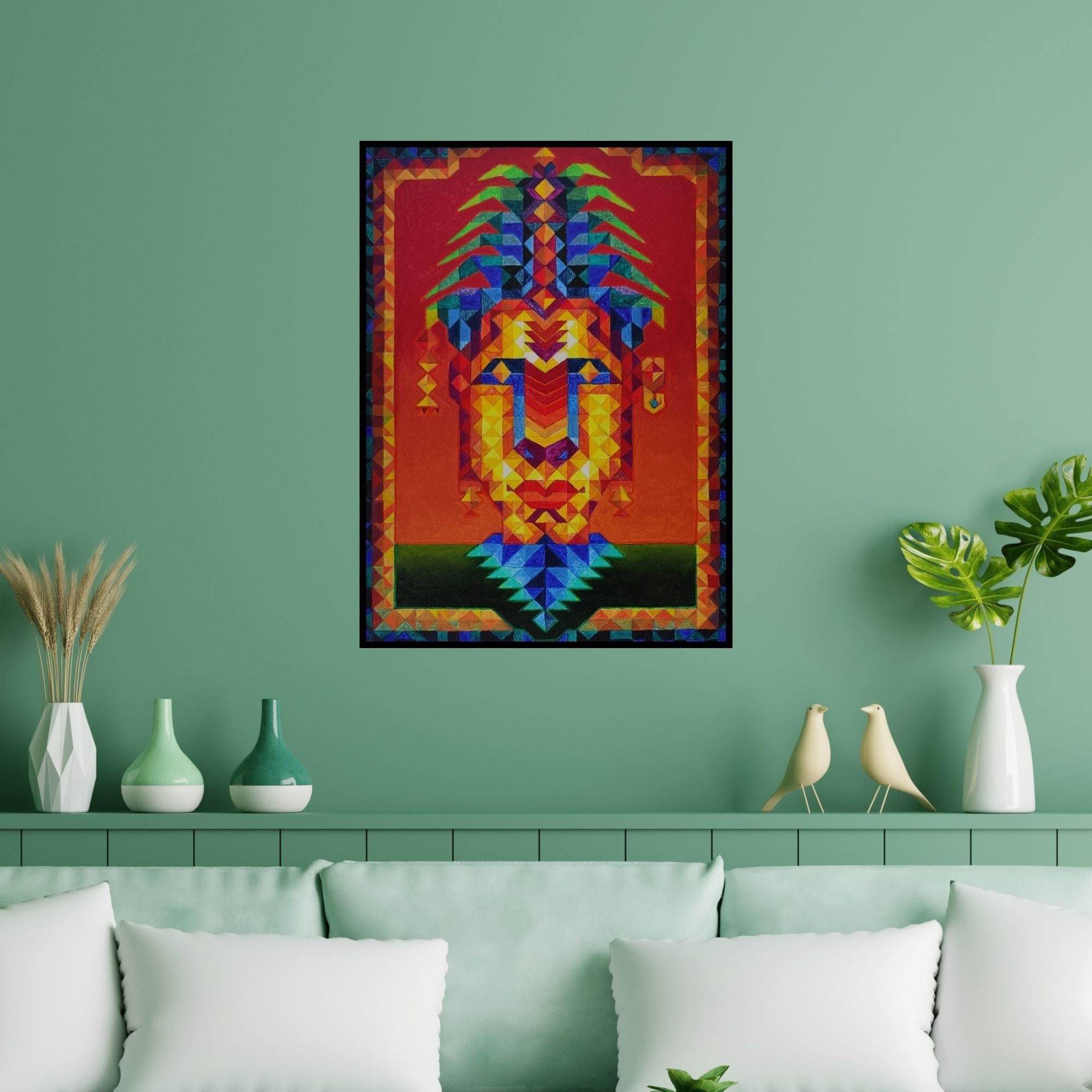 Preview of 'Shakti (Ancient Wisdom)' Painting by Madhukar Munde shown on a wall in a furnished room.